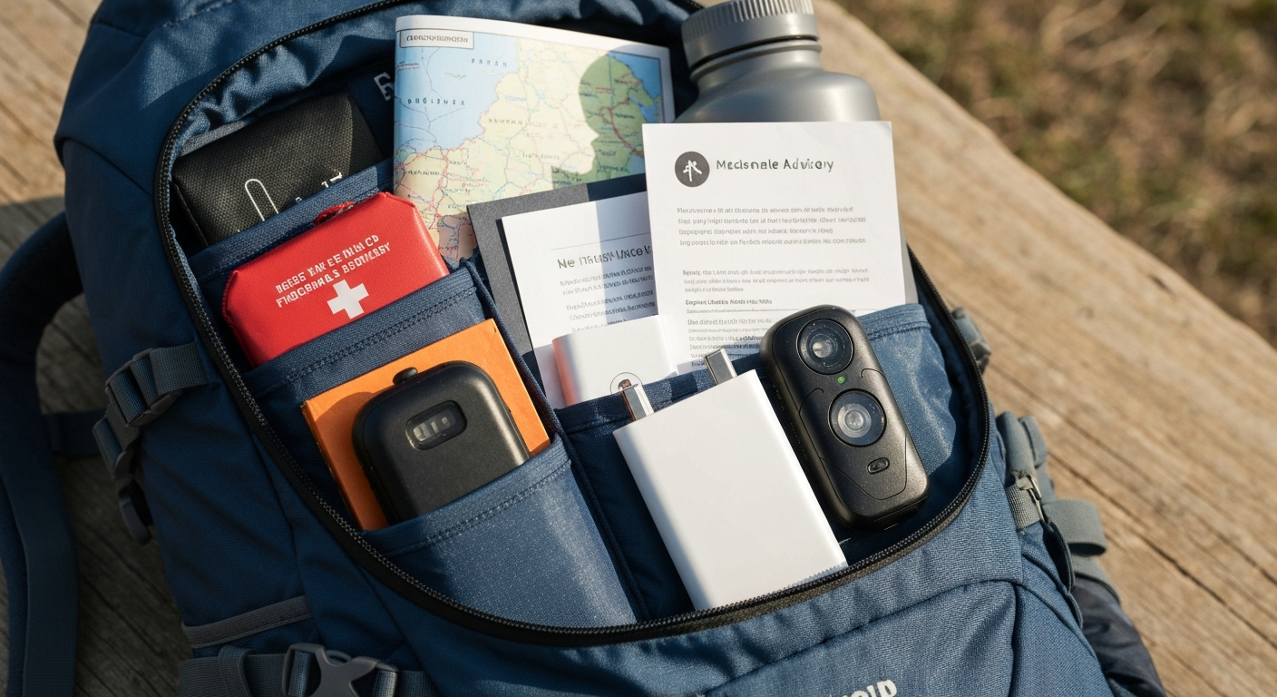 Travel essentials neatly packed in a backpack, including a first-aid kit, power bank, and important documents, for a safe journey.