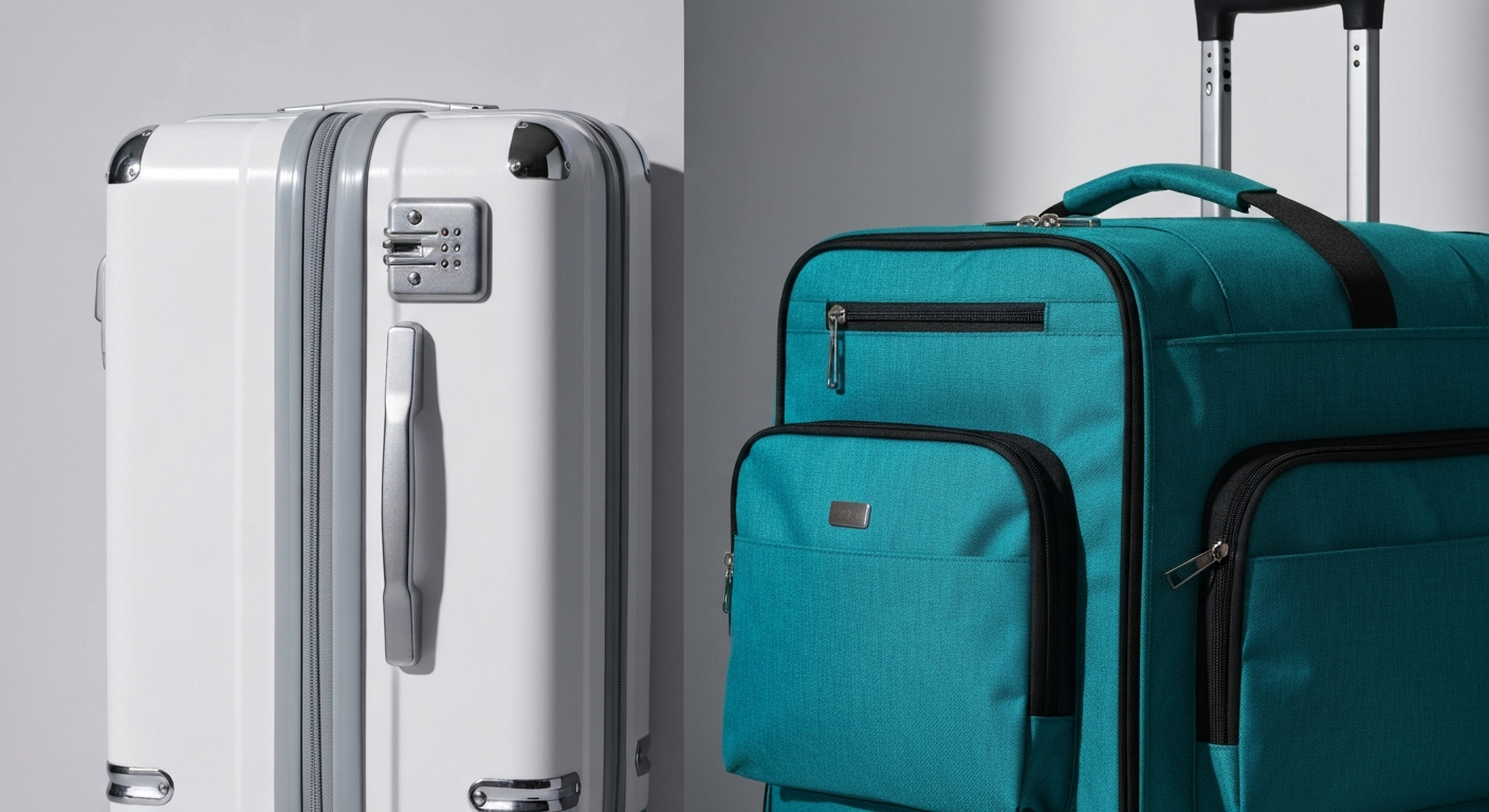 Comparison of hardside and softside luggage from a 2-piece travel set, showing their distinct features and materials. Comparison of hardside and softside luggage from a 2-piece travel set, showing their distinct features and materials.