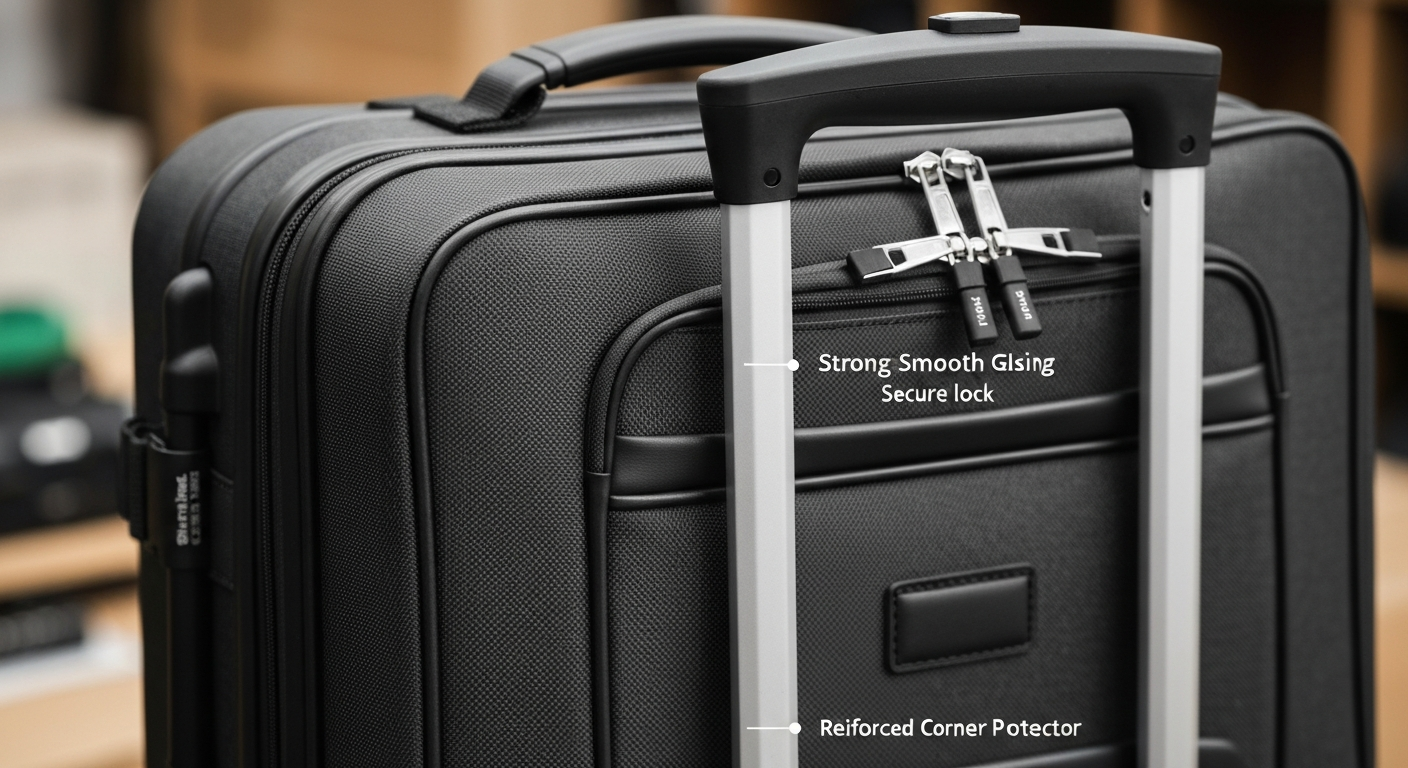 Close-up of durable luggage features including a strong zipper, telescopic handle, and reinforced corner, highlighting quality for a travel 2 piece set. Close-up of durable luggage features including a strong zipper, telescopic handle, and reinforced corner, highlighting quality for a travel 2 piece set.
