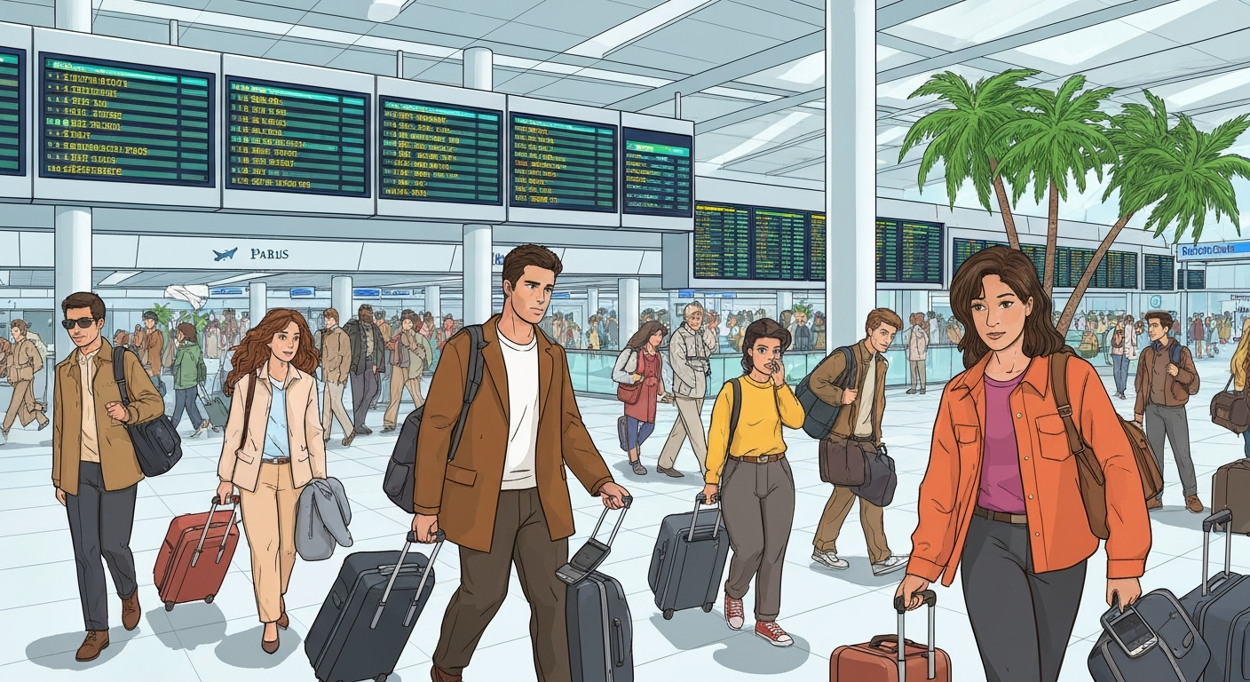 Travelers in a bustling airport terminal in the year 2000, depicting the blend of traditional and early digital travel experiences at the turn of the millennium.