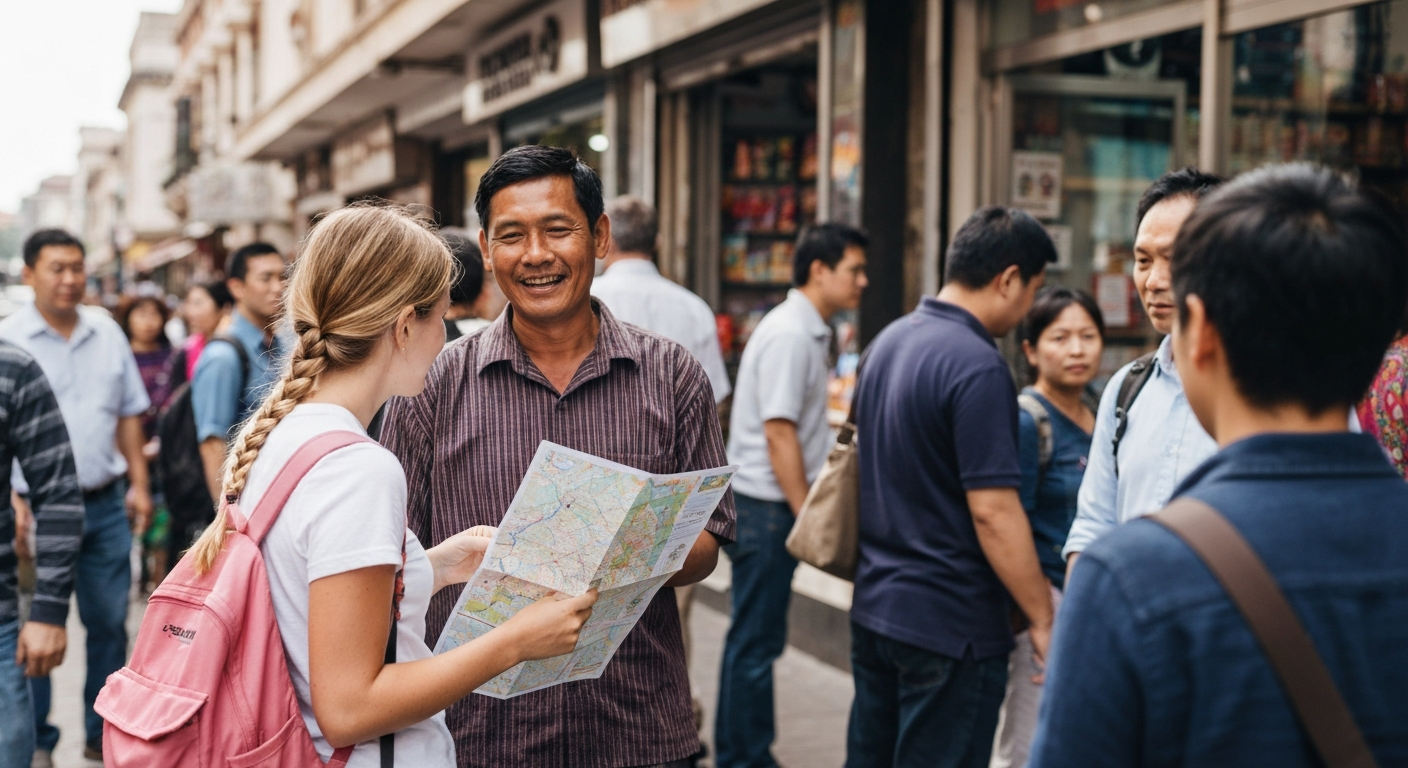 A traveler in 2000 using a paper map and interacting with a local person for directions in a foreign city, highlighting the less connected and more discovery-focused travel experience of the era.