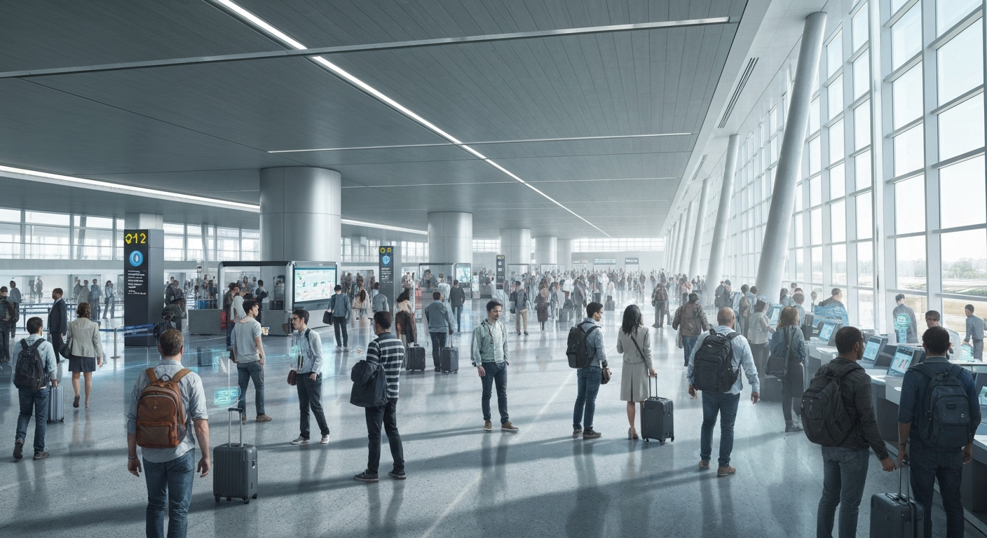 Travelers in a futuristic airport using advanced technology like holographic displays and biometric gates, representing the future of travel in 2025. Travelers in a futuristic airport using advanced technology like holographic displays and biometric gates, representing the future of travel in 2025.