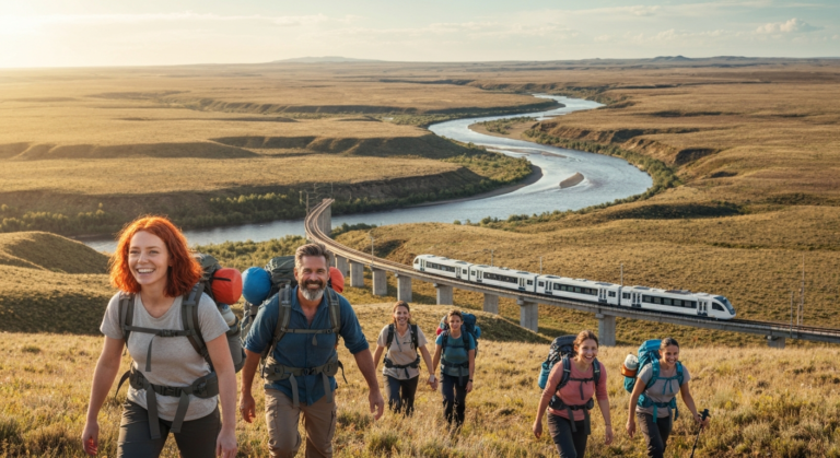 A group of diverse travelers enjoying a sustainable and immersive experience in a natural, green environment, highlighting eco-friendly and community-focused travel in 2025.