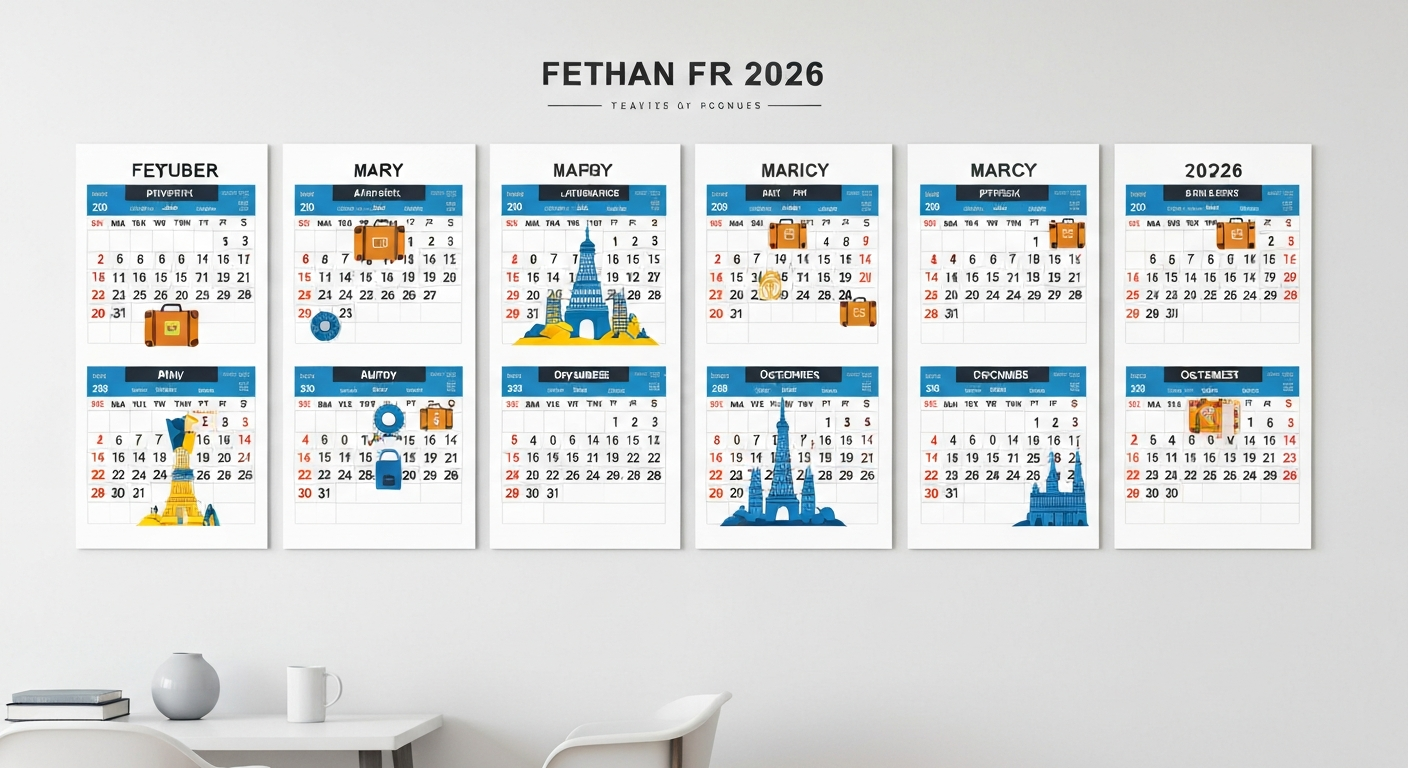 A beautifully designed 2026 calendar highlighting key travel dates, long weekends, and vacation periods with travel-themed icons. A beautifully designed 2026 calendar highlighting key travel dates, long weekends, and vacation periods with travel-themed icons.