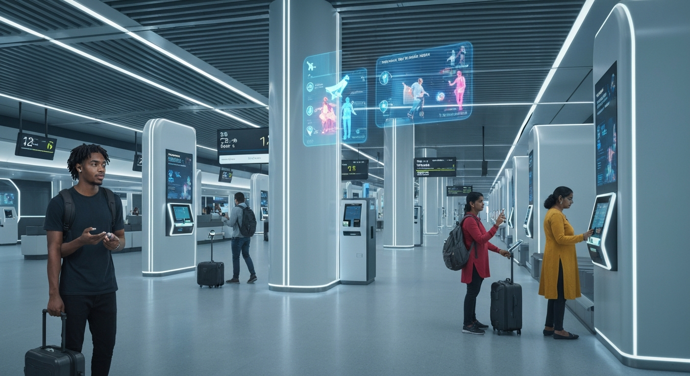 Travelers using biometric check-in at a futuristic airport in 2026, showcasing advanced technology and efficient travel.