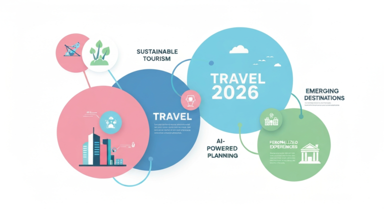 Infographic detailing major travel trends for 2026, including sustainable tourism, AI planning, and personalized experiences.