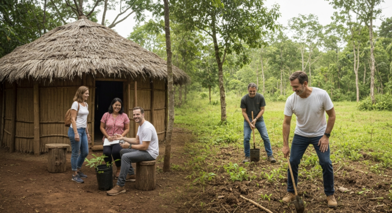 Eco-tourists engaging in a tree-planting activity in a vibrant natural park, symbolizing sustainable travel in 2026.