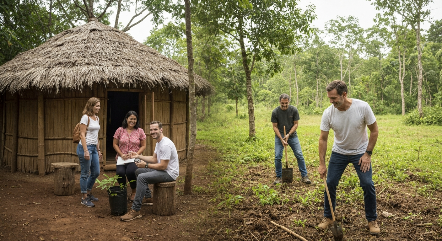 Eco-tourists engaging in a tree-planting activity in a vibrant natural park, symbolizing sustainable travel in 2026. Eco-tourists engaging in a tree-planting activity in a vibrant natural park, symbolizing sustainable travel in 2026.