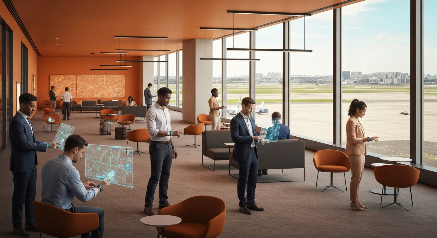 Travelers in a modern airport lounge interacting with advanced technology for personalized travel planning. Travelers in a modern airport lounge interacting with advanced technology for personalized travel planning.