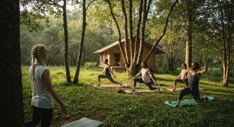 A tranquil eco-lodge offering wellness activities amidst a vibrant natural setting.