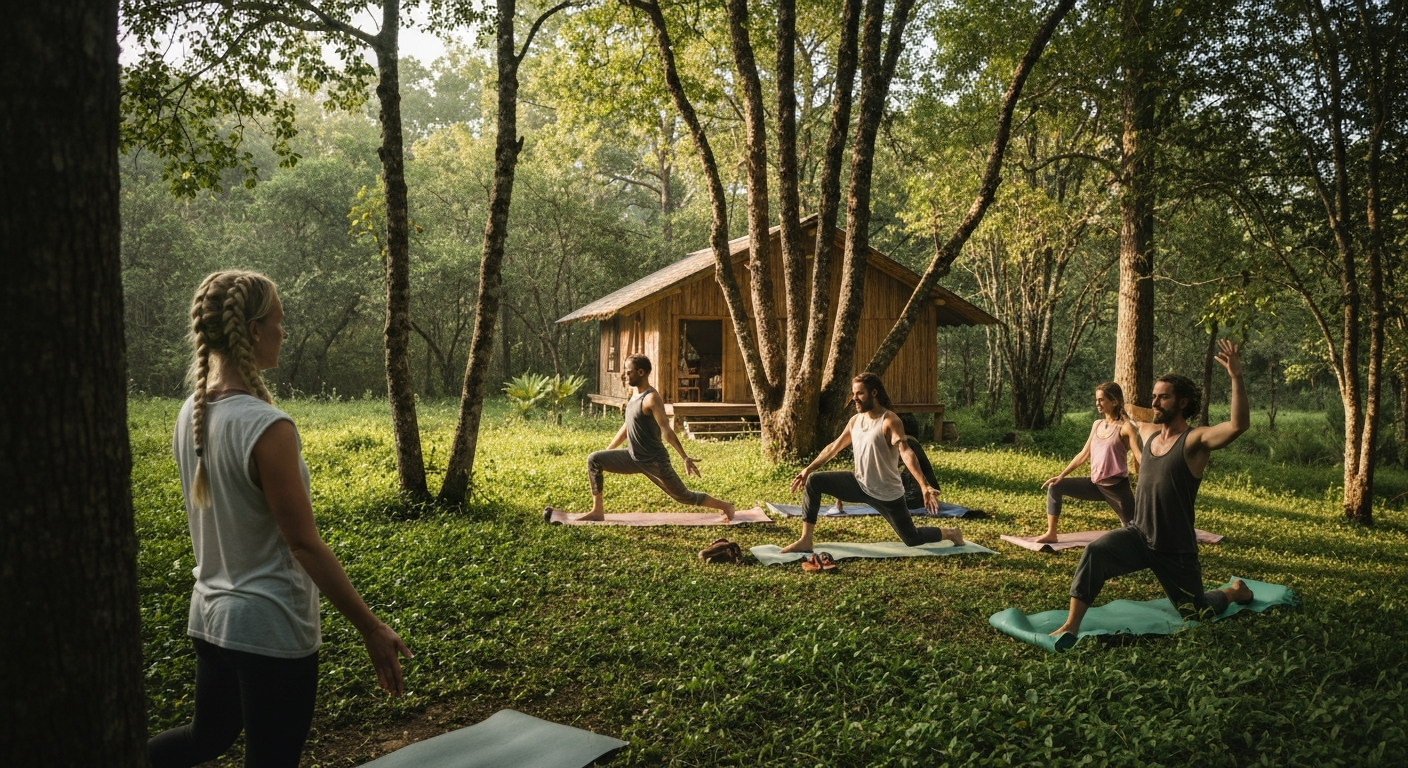 A tranquil eco-lodge offering wellness activities amidst a vibrant natural setting. A tranquil eco-lodge offering wellness activities amidst a vibrant natural setting.