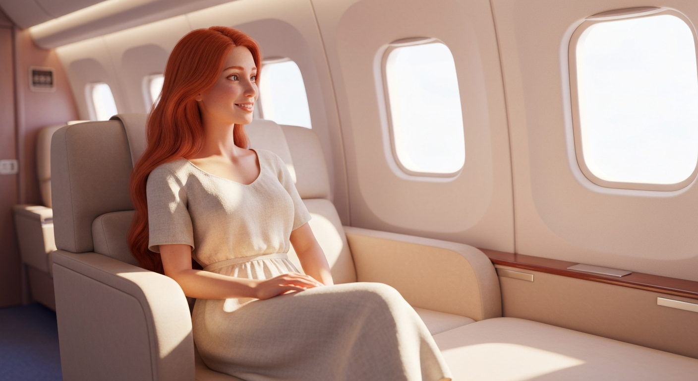 Pregnant woman at 26 weeks traveling comfortably on an airplane, looking out the window.