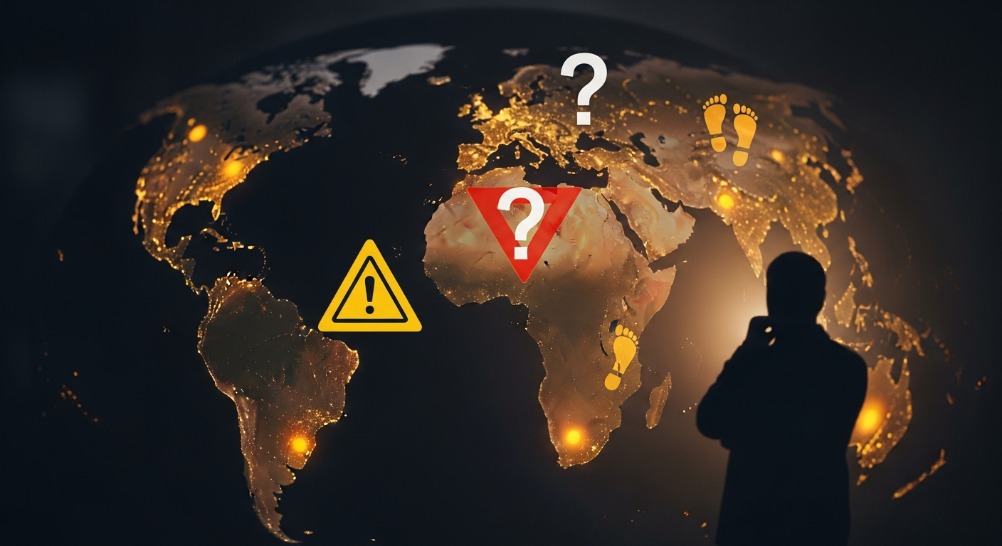 World map with amber highlighted regions signifying travel advisories and a thoughtful traveler, illustrating the concept of reconsidering travel.