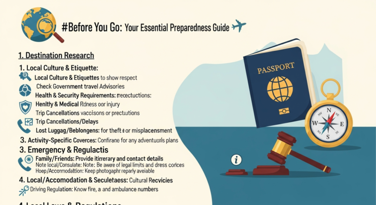 Travel safety checklist infographic with icons for research, insurance, and emergency planning, symbolizing preparedness for international journeys.