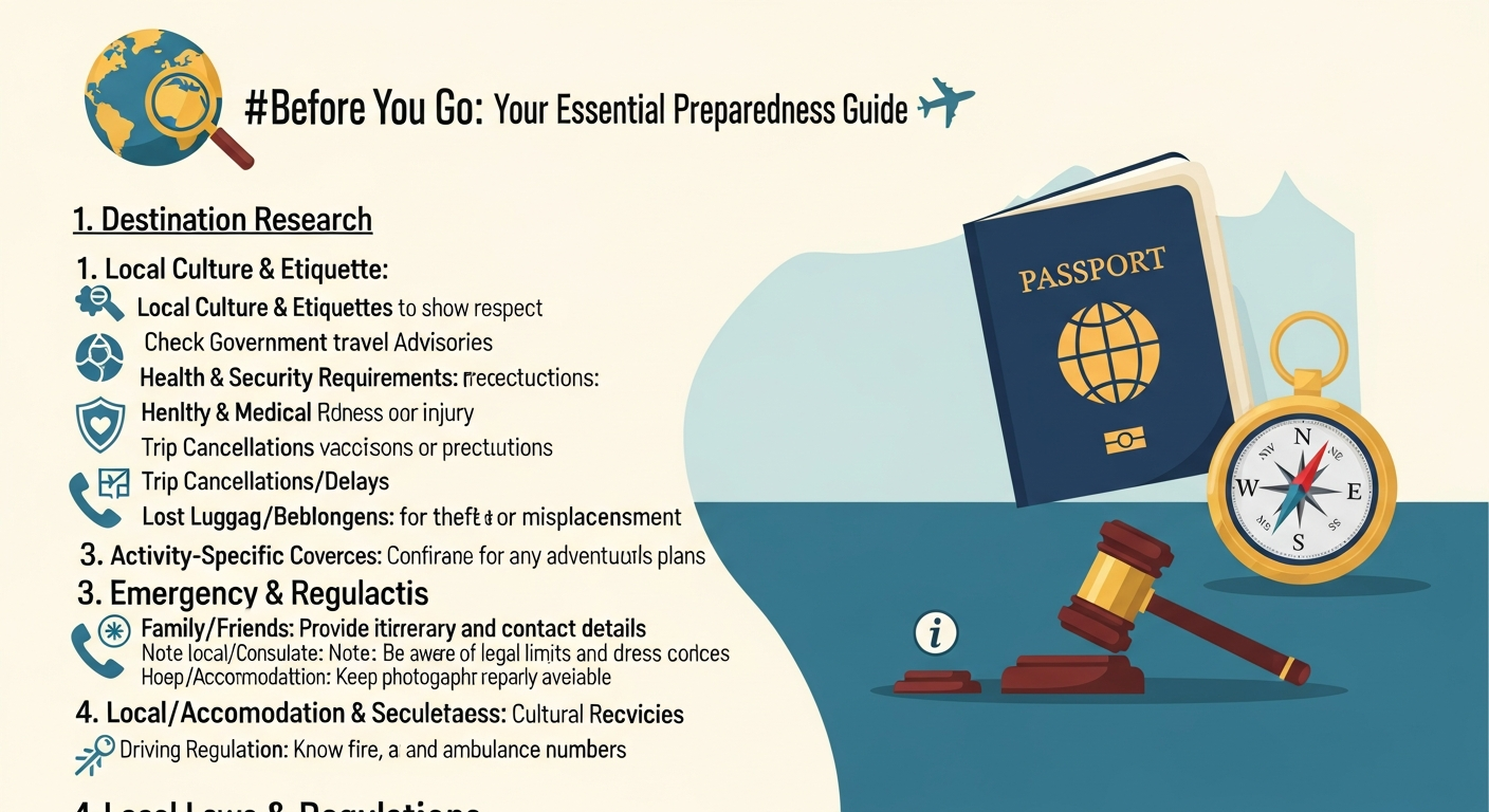 Travel safety checklist infographic with icons for research, insurance, and emergency planning, symbolizing preparedness for international journeys.