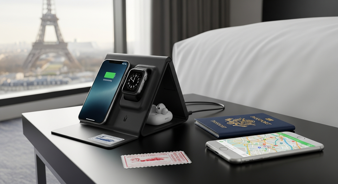 A compact 3-in-1 charger powering a smartphone, smartwatch, and earbuds on a hotel nightstand, symbolizing efficient travel charging.