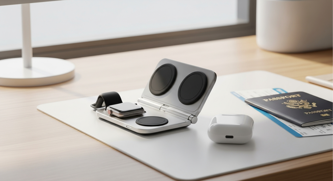 Compact 3-in-1 wireless charger for Apple devices on a travel desk, ready for use. Compact 3-in-1 wireless charger for Apple devices on a travel desk, ready for use.