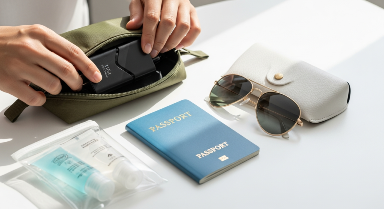 Hands placing a foldable 3-in-1 charger into a travel bag, highlighting its space-saving design and ease of packing for travelers.