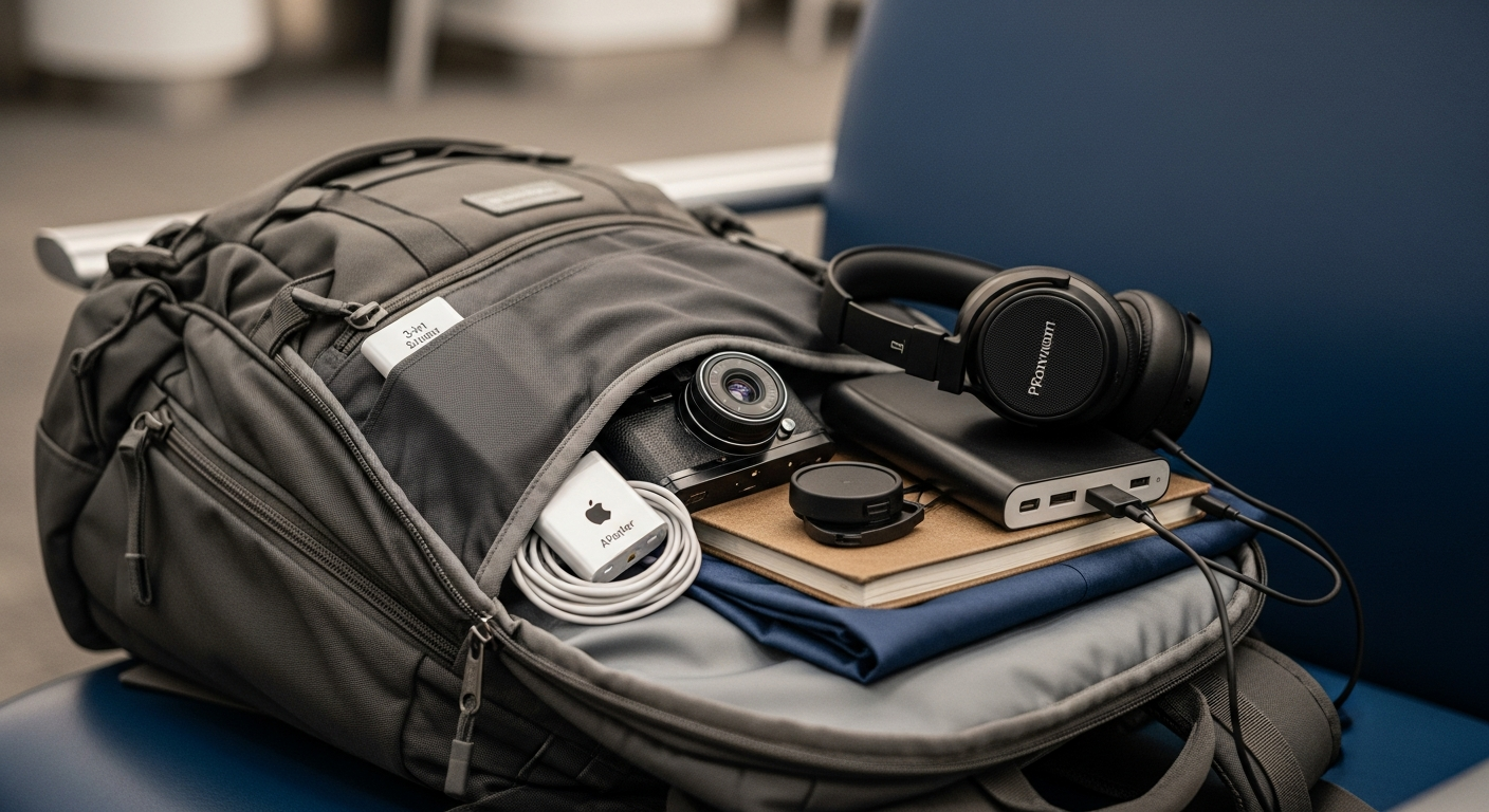 Organized travel backpack with a space-saving 3-in-1 Apple charger. Organized travel backpack with a space-saving 3-in-1 Apple charger.