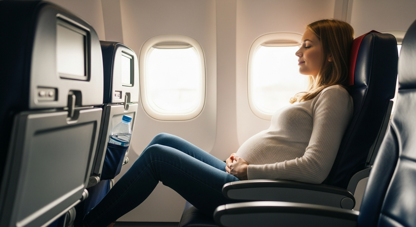 A pregnant woman at 32 weeks, looking comfortable and relaxed while flying, stretching her legs in an airplane seat, emphasizing safe and prepared air travel during late pregnancy.