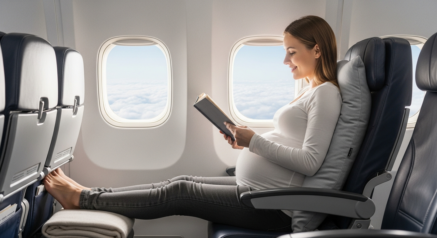 Pregnant woman at 34 weeks relaxing comfortably on an airplane with a supportive pillow and elevated feet. Pregnant woman at 34 weeks relaxing comfortably on an airplane with a supportive pillow and elevated feet.
