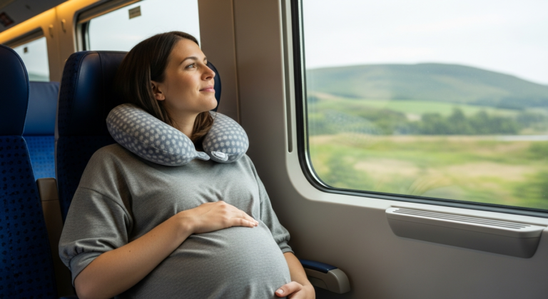 Serene pregnant woman in comfortable attire traveling by train or car, looking out at a landscape, symbolizing mindful late-pregnancy travel.