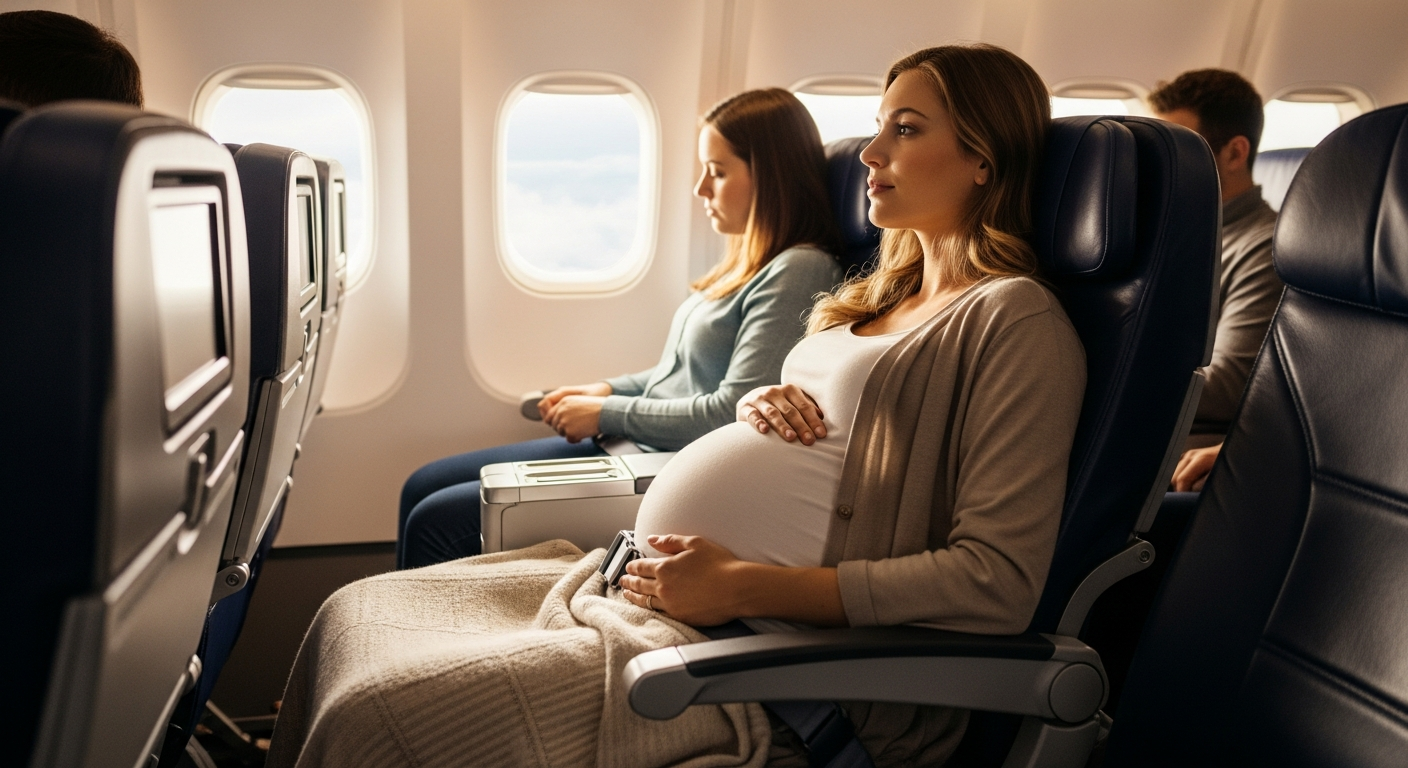 Pregnant woman at 36 weeks traveling comfortably on an airplane, looking relaxed and prepared. Pregnant woman at 36 weeks traveling comfortably on an airplane, looking relaxed and prepared.