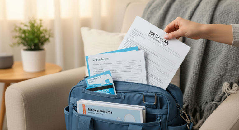 Essential medical documents and a packed hospital bag for a pregnant traveler at 36 weeks, highlighting preparedness.