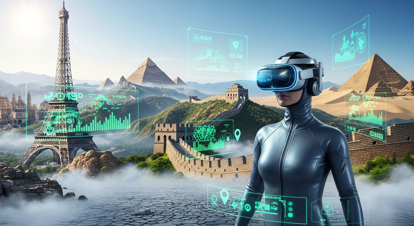 A person experiencing global landmarks through a virtual reality headset, symbolizing immersive travel.