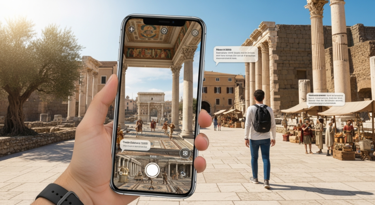 A smartphone user interacting with augmented reality to visualize historical structures in a real-world setting.