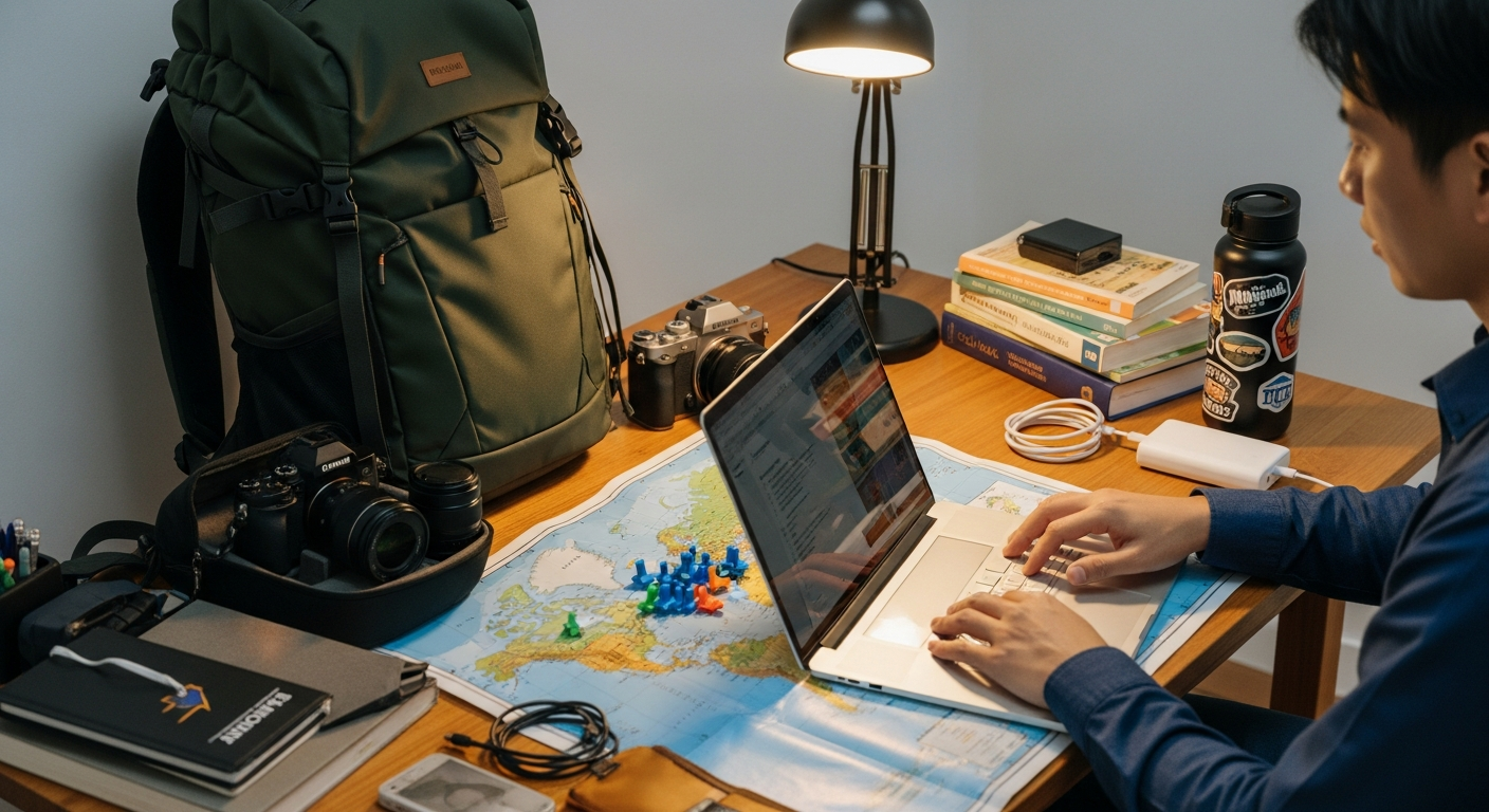 A person meticulously planning their year-round travel itinerary with a laptop, world map, and organized travel essentials, highlighting the strategic preparation for a Travel 365 lifestyle.