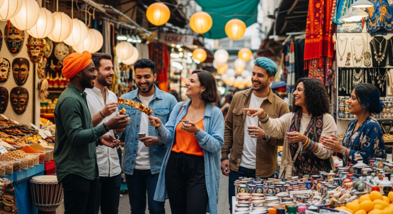 A diverse group of travelers experiencing a lively local market, engaging with vendors and enjoying cultural immersion, representing the rich experiences of continuous global exploration.