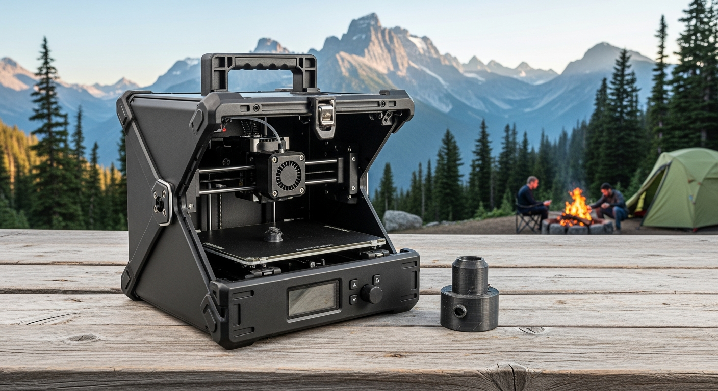 A portable 3D printer ready for use in a remote outdoor setting, demonstrating its compactness and rugged design for travel. A portable 3D printer ready for use in a remote outdoor setting, demonstrating its compactness and rugged design for travel.