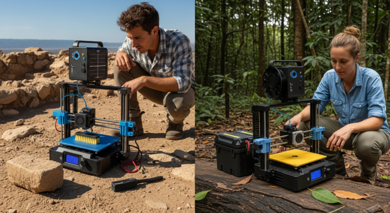 A scientist or researcher utilizing a compact 3D printer in a field environment to create custom parts for on-site experiments or tools.