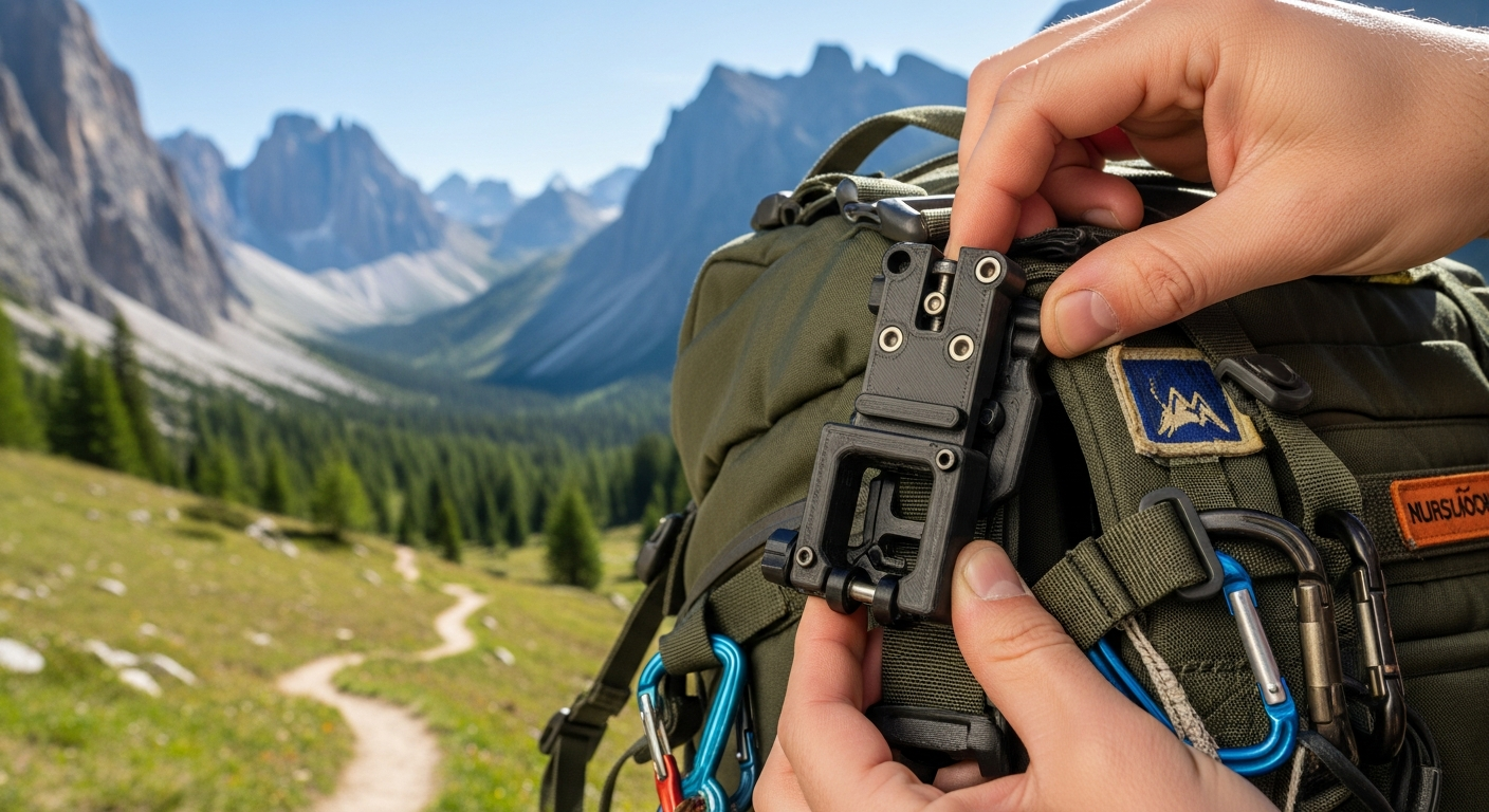 Hands attaching a 3D-printed camera mount to a backpack against a backdrop of mountains, illustrating the practical use of custom travel gear. Hands attaching a 3D-printed camera mount to a backpack against a backdrop of mountains, illustrating the practical use of custom travel gear.
