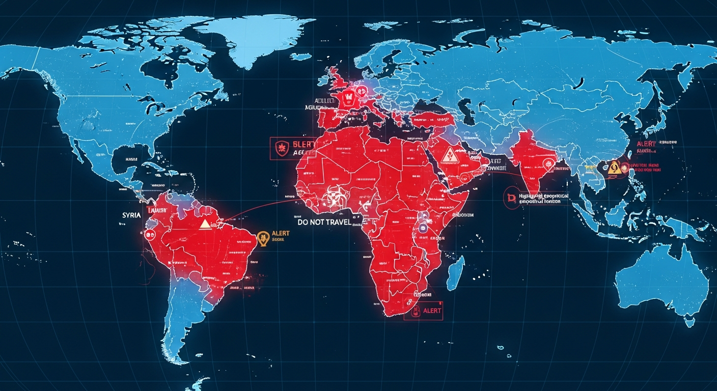 Digital world map highlighting countries with Level 4 'Do Not Travel' advisories in red, indicating high-risk areas for March 2026.
