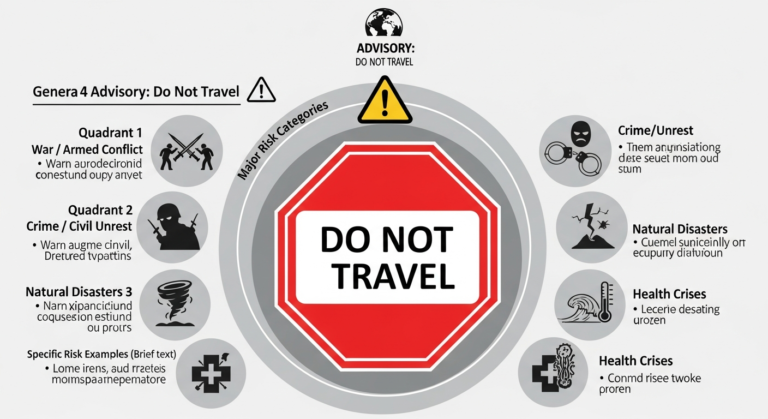 Infographic detailing the severe risks of Level 4 travel advisories, featuring icons for war, crime, health, and natural disaster converging on a central 'Do Not Travel' warning.