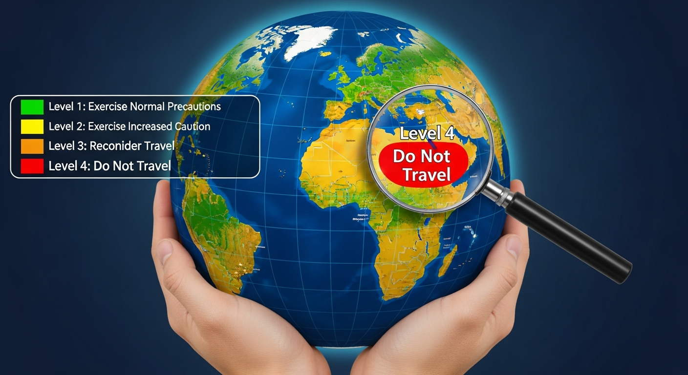 Digital globe showing color-coded travel advisories with a magnifying glass on a red 'Do Not Travel' Level 4 area.