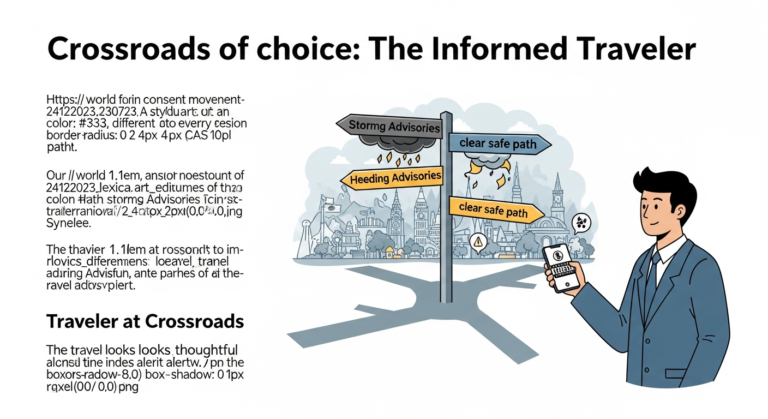Illustration of a traveler at a crossroads, choosing between risky and safe paths based on travel advisory information on a smartphone.