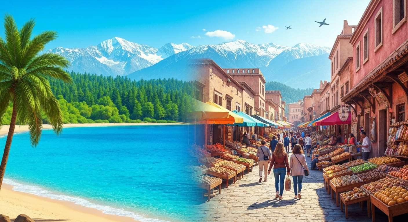 Diverse travel experiences featuring a sunny beach, a bustling city market, and majestic mountains, symbolizing varied fun adventures.