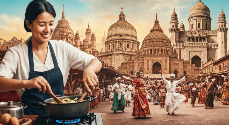 A vibrant scene depicting cultural immersion with a person cooking local food, a traditional festival, and historical architecture, highlighting joyful learning through travel.