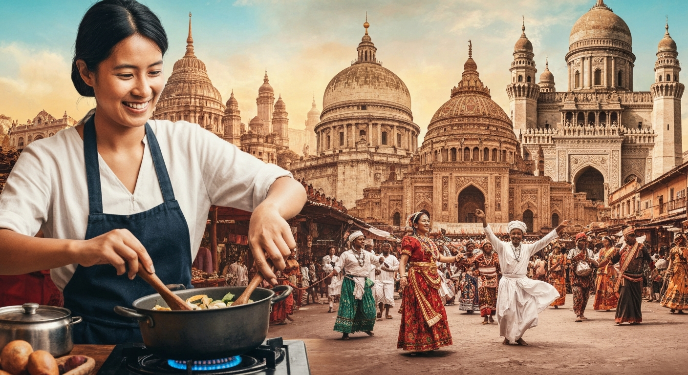 A vibrant scene depicting cultural immersion with a person cooking local food, a traditional festival, and historical architecture, highlighting joyful learning through travel.