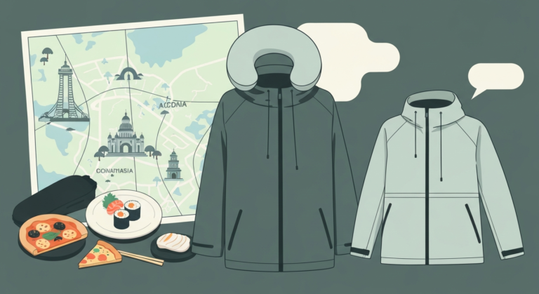A collage illustration featuring travel essentials: a compact suitcase, a folded map, a delicious local snack, and a recognizable landmark, representing efficient and enjoyable short journeys.
