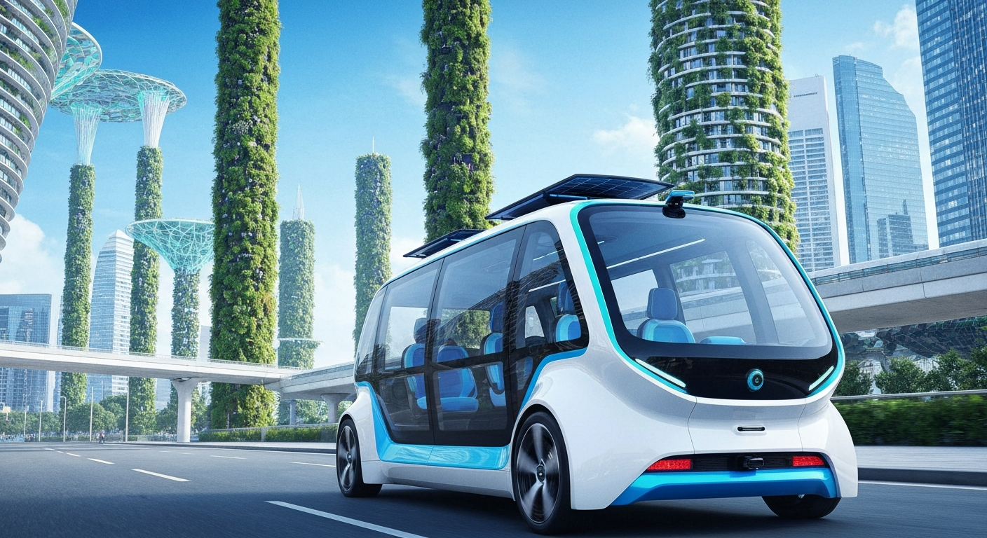 A futuristic autonomous vehicle in a sustainable smart city. A futuristic autonomous vehicle in a sustainable smart city.
