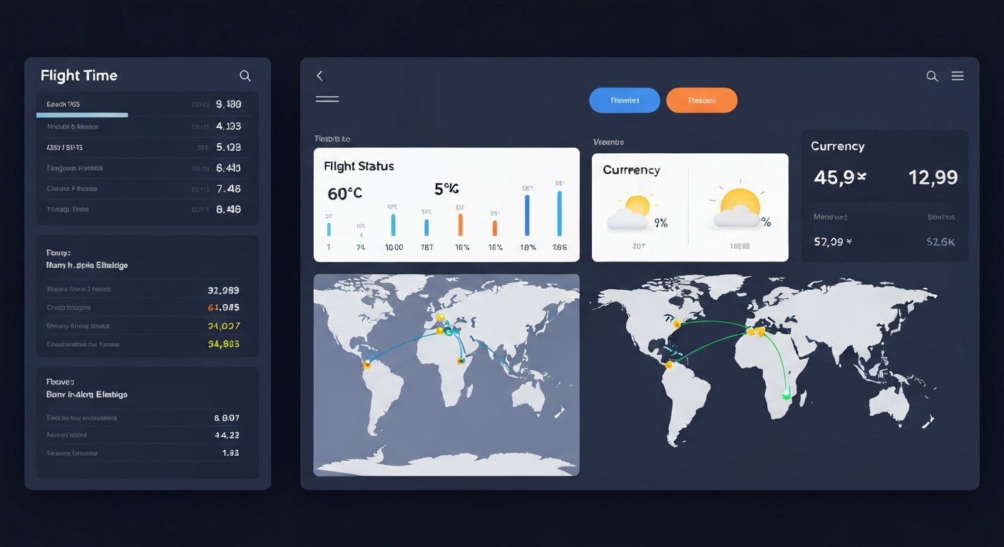 A digital dashboard showing consolidated travel information, including flight tracking, weather, and currency, symbolizing comprehensive travel 411. A digital dashboard showing consolidated travel information, including flight tracking, weather, and currency, symbolizing comprehensive travel 411.