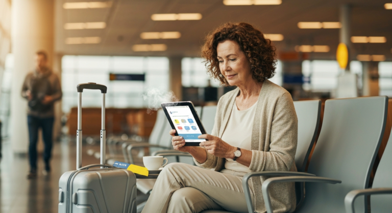 A traveler in an airport lounge using a tablet for trip planning, demonstrating the practical application of travel 411 resources.