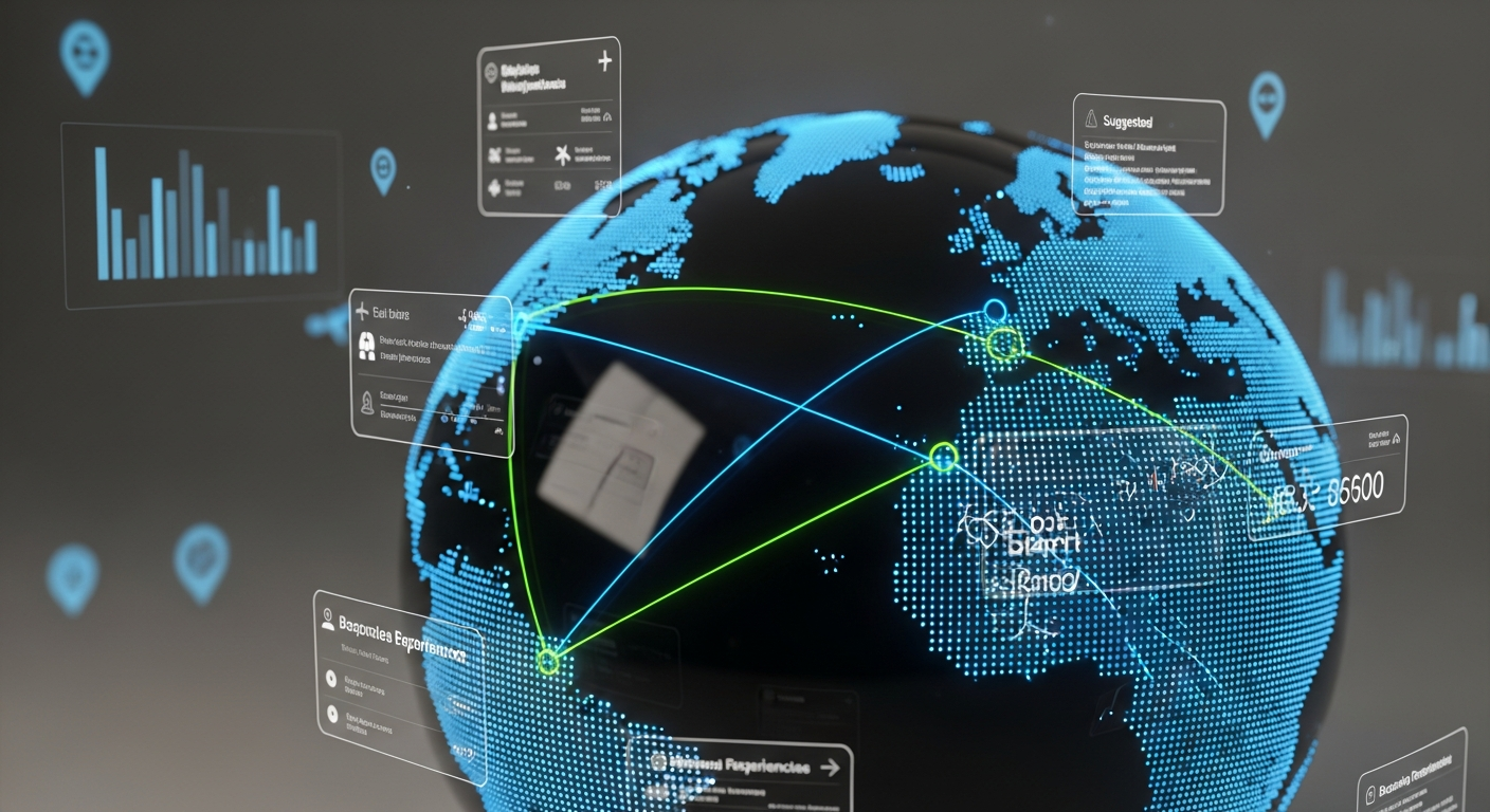 A digital globe representing interconnected travel routes and personalized itineraries, with glowing lines and data visualizations, illustrating the core concept of Travel 42's technological integration.