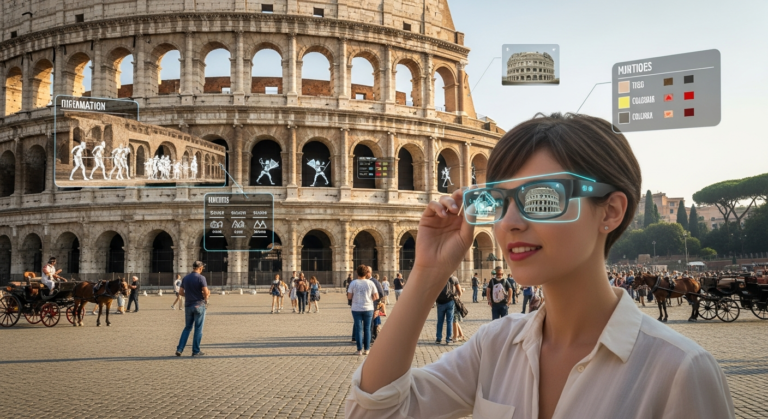 A person using augmented reality glasses to view an enhanced historical site, with digital information and interactive graphics appearing in their field of vision, showcasing the immersive and tech-driven features of Travel 42.