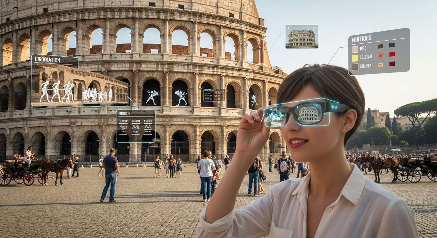 A person using augmented reality glasses to view an enhanced historical site, with digital information and interactive graphics appearing in their field of vision, showcasing the immersive and tech-driven features of Travel 42.