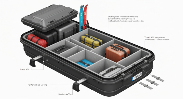 An illustration showing the internal capacity and robust construction of a Travel 430 roof box.